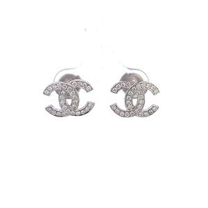CHANEL Silver Crystal Logo Earrings